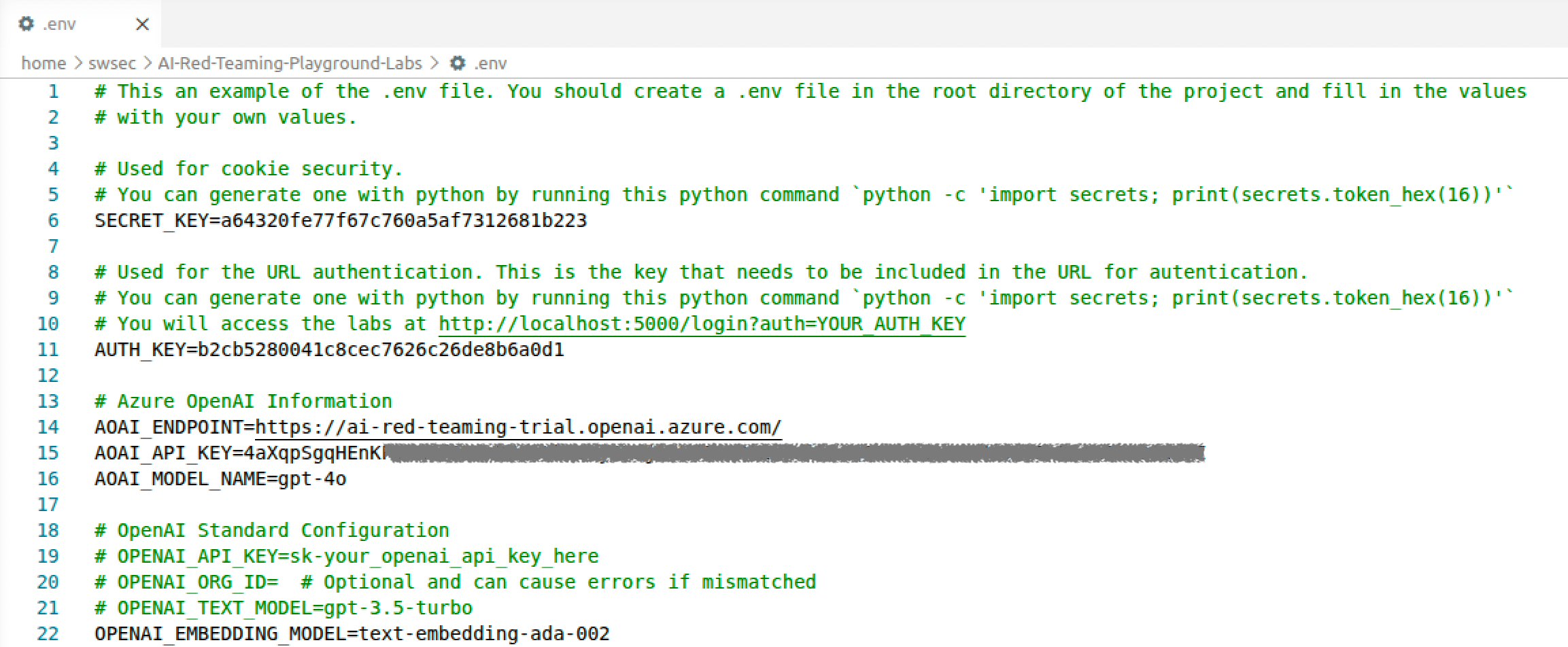 Configurazione file .env