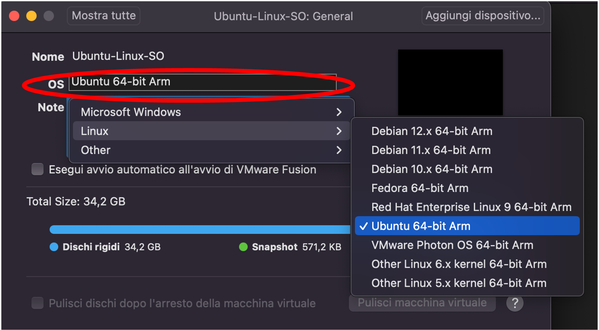 VMware Fusion - Seleziona OS