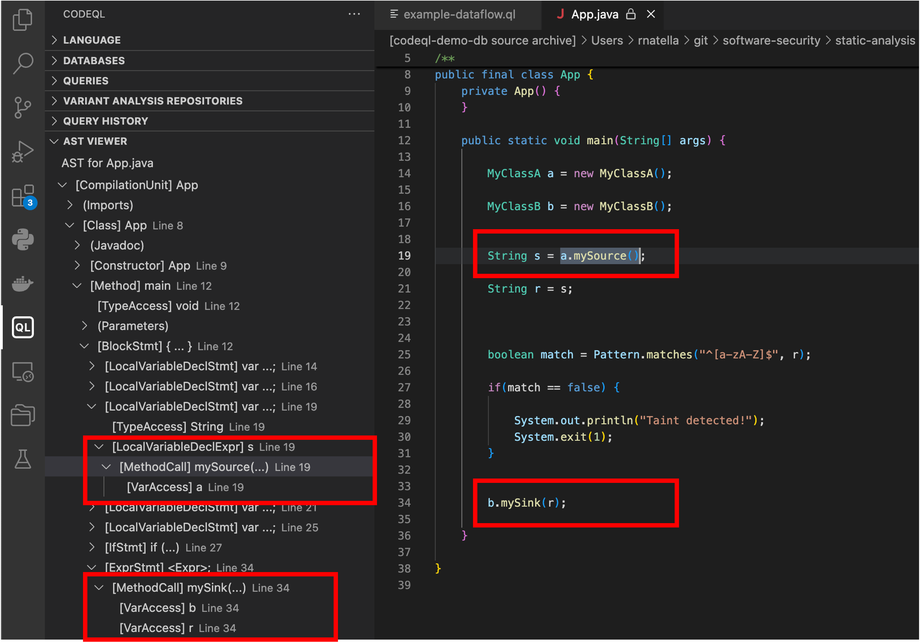 CodeQL taint local
